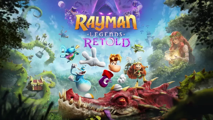 Arte promocional de Rayman Legends Retold para Nintendo Switch 2 con Rayman, Globox y un dragón gigante en el Claro de los Sueños