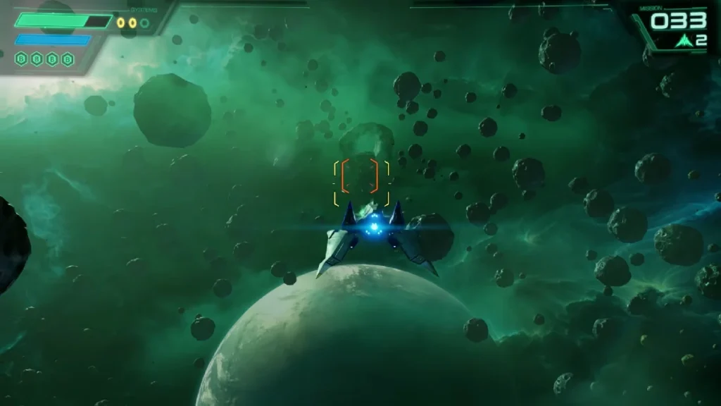 Gameplay de Star Fox en el planeta Meteo con el Arwing esquivando asteroides en Nintendo Switch 2