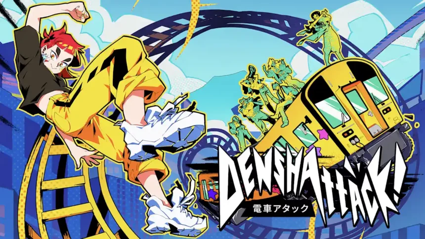 Ilustración promocional de Densha Attack! con el protagonista realizando un truco acrobático junto a un tren amarillo y montañas rusas al fondo.