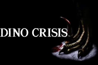 Logo de Dino Crisis junto a la garra de un dinosaurio en una imagen promocional con fondo negro.