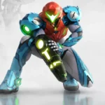 Samus Aran con su traje de combate azul y rojo en una pose de acción sosteniendo la Arm Cannon.
