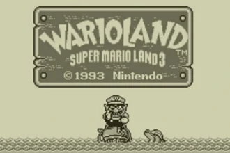 Pantalla de título de Wario Land: Super Mario Land 3 en Game Boy con Wario sobre un tiburón al inicio del juego.