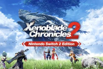 Arte oficial de Xenoblade Chronicles 2 Nintendo Switch 2 Edition con Rex, Pyra y el resto del grupo frente a un titán en el mundo de Alrest.