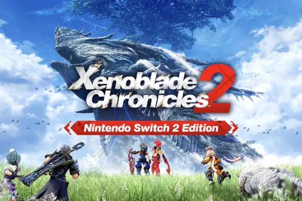 Arte oficial de Xenoblade Chronicles 2 Nintendo Switch 2 Edition con Rex, Pyra y el resto del grupo frente a un titán en el mundo de Alrest.