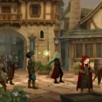 Personajes de Dawngazer recorriendo una ciudad de fantasía medieval