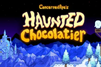 Logo de Haunted Chocolatier de ConcernedApe sobre un paisaje nevado de pixel art, con un castillo de hielo y un fantasma.
