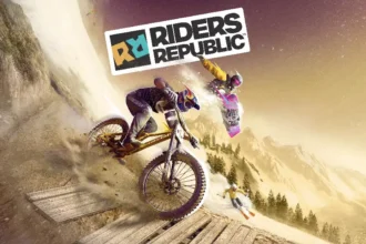 Riders Republic con ciclistas y snowboarders practicando deportes extremos en la montaña.