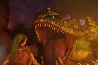 ink frente a un gigantesco monstruo de piedra en el remake de Zelda Ocarina of Time