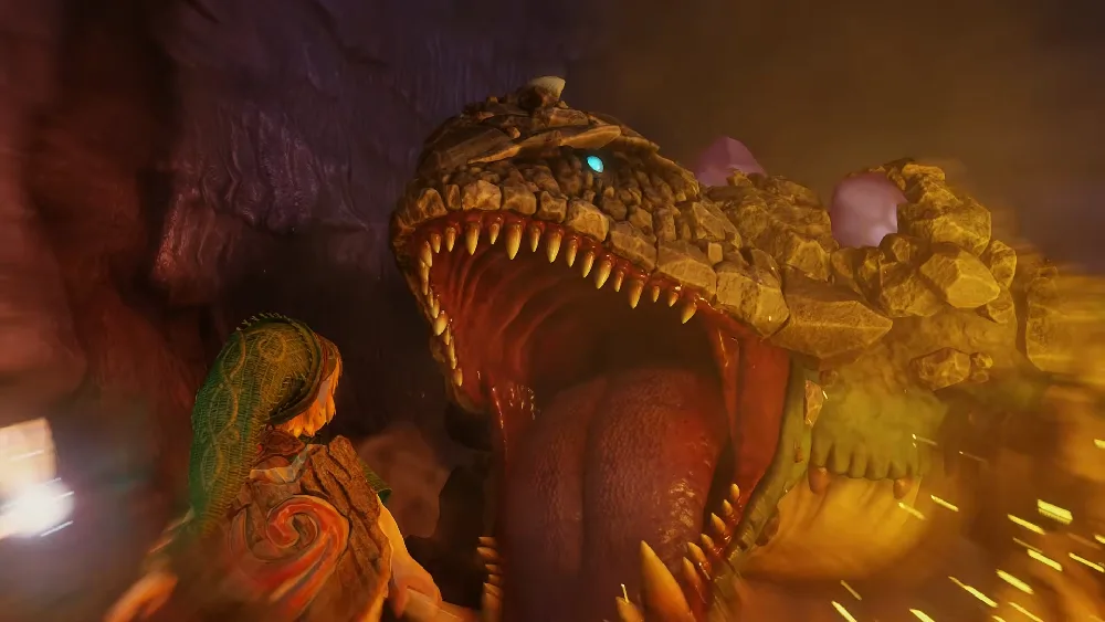 ink frente a un gigantesco monstruo de piedra en el remake de Zelda Ocarina of Time